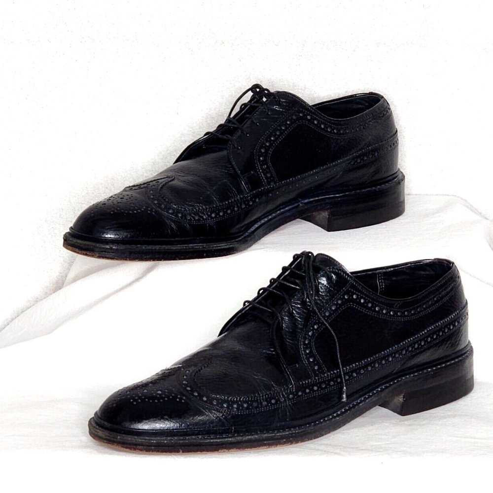Sears Easy Flex 70128 VTG Black Wing Tip Lace Up Shoes 10.5 Pebbled Leather